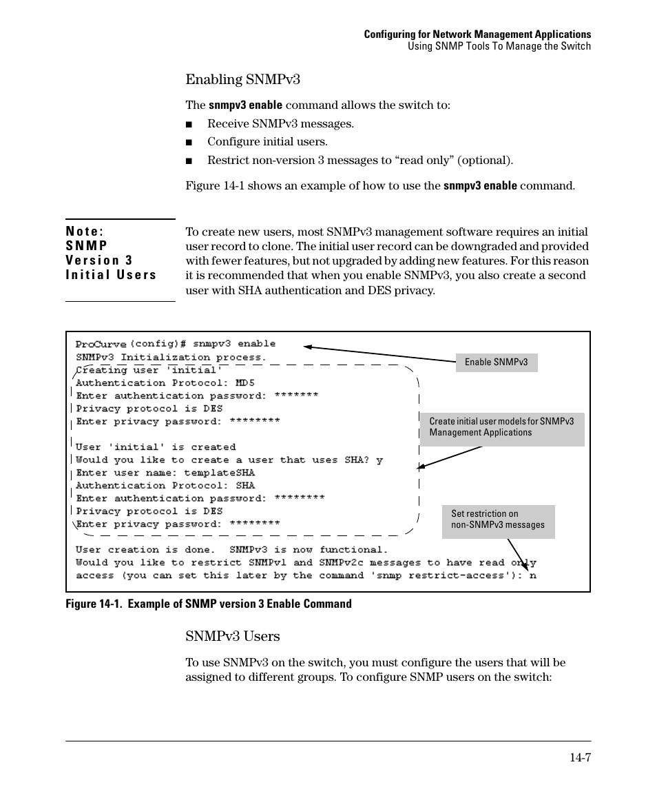 Enabling snmpv3, Snmpv3 users, Enabling snmpv3 -7 | Snmpv3 users -7 | HP 2910AL User Manual | Page 335 / 618