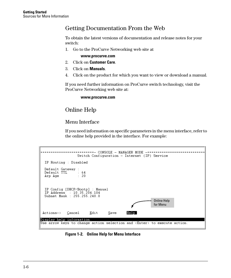 Getting documentation from the web, Online help, Menu interface | Getting documentation from the web -6, Online help -6, Menu interface -6 | HP 2910AL User Manual | Page 34 / 618