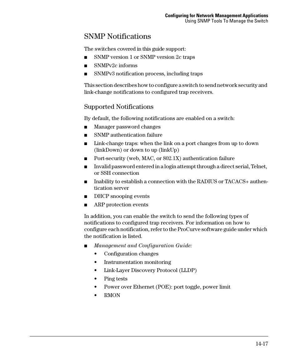 Snmp notifications, Supported notifications, Snmp notifications -17 | Supported notifications -17 | HP 2910AL User Manual | Page 345 / 618