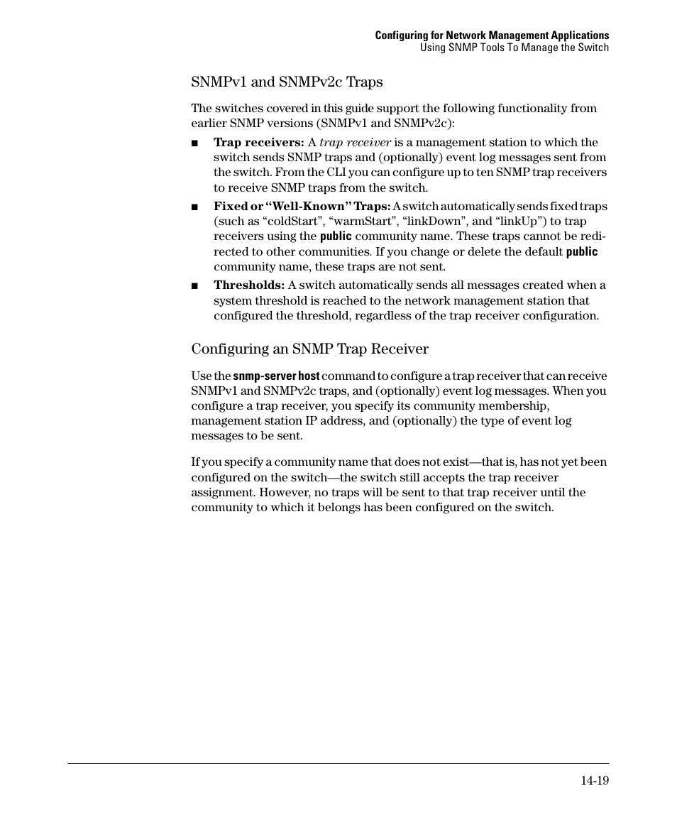 Snmpv1 and snmpv2c traps, Configuring an snmp trap receiver, Snmpv1 and snmpv2c traps -19 | Configuring an snmp trap receiver -19 | HP 2910AL User Manual | Page 347 / 618