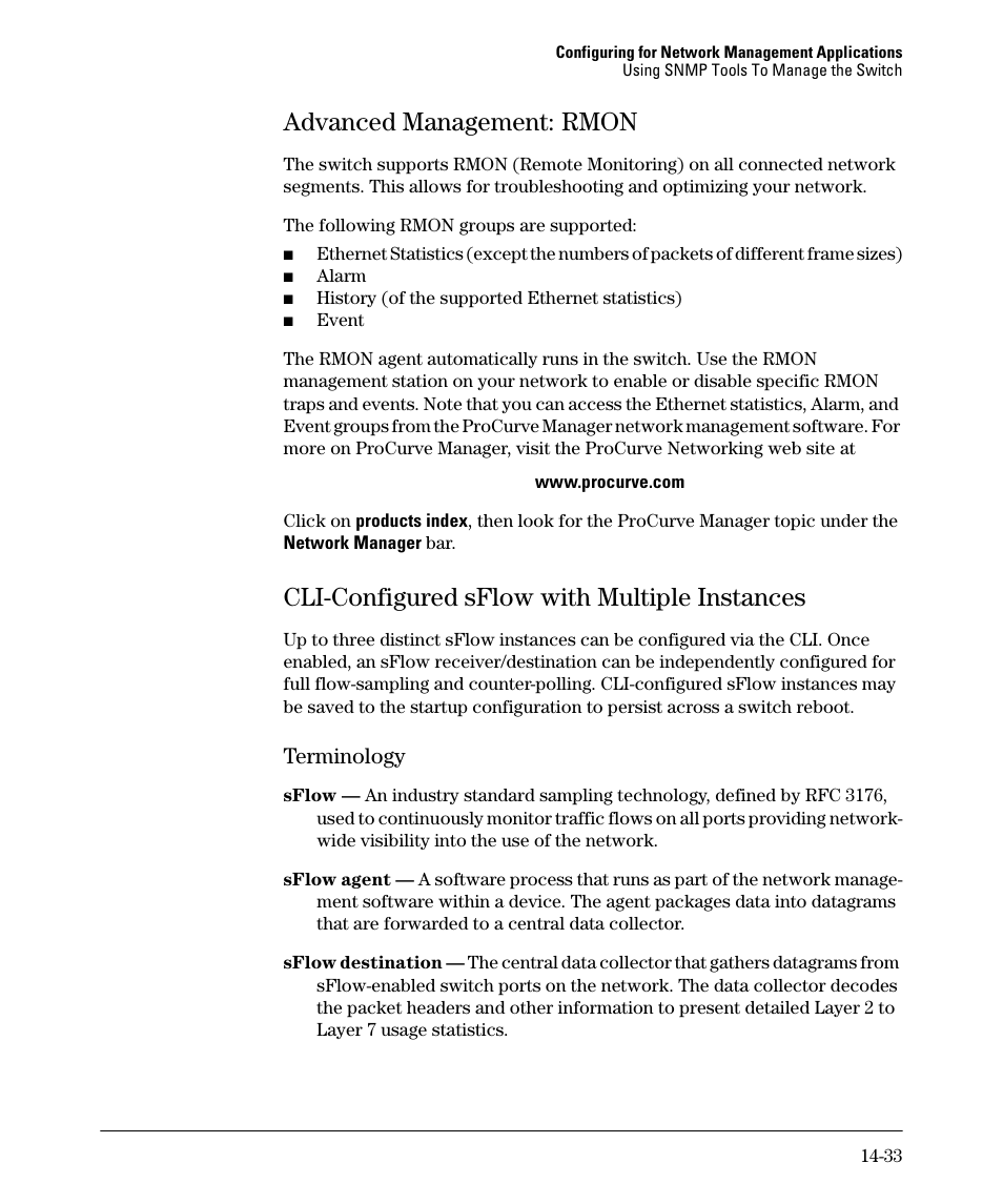 Advanced management: rmon, Cli-configured sflow with multiple instances, Terminology | Advanced management: rmon -33, Cli-configured sflow with multiple instances -33, Terminology -33 | HP 2910AL User Manual | Page 361 / 618