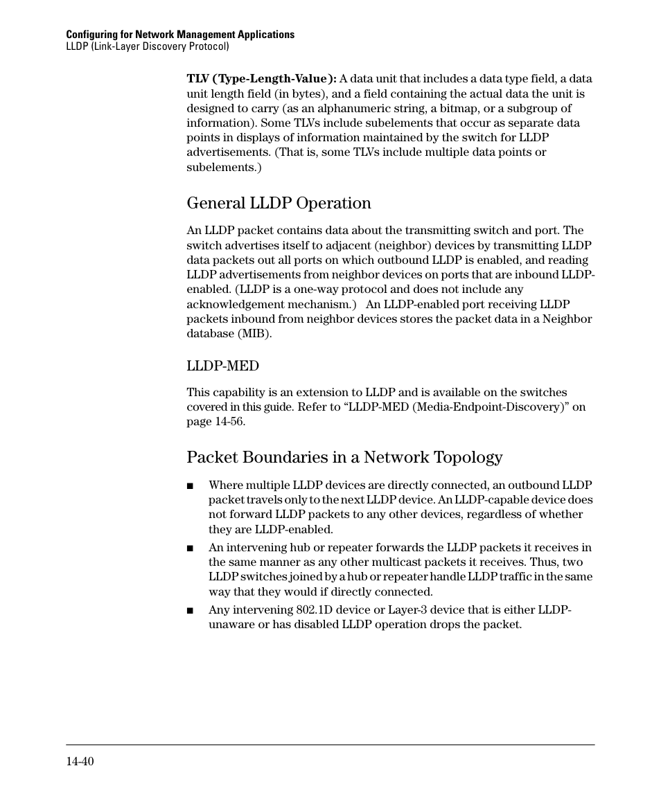 General lldp operation, Lldp-med, Packet boundaries in a network topology | General lldp operation -40, Lldp-med -40, Packet boundaries in a network topology -40 | HP 2910AL User Manual | Page 368 / 618