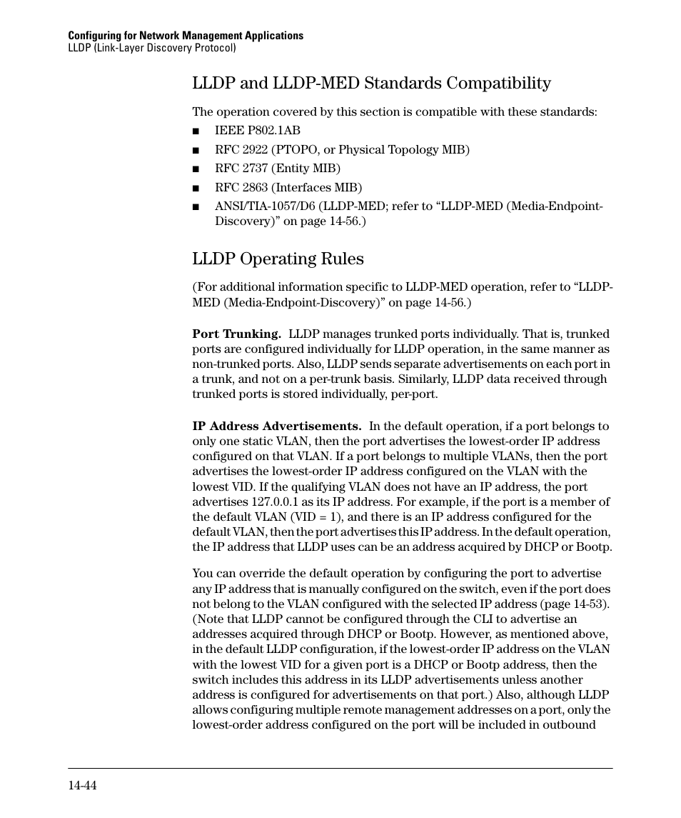 Lldp and lldp-med standards compatibility, Lldp operating rules, Lldp and lldp-med standards compatibility -44 | Lldp operating rules -44 | HP 2910AL User Manual | Page 372 / 618