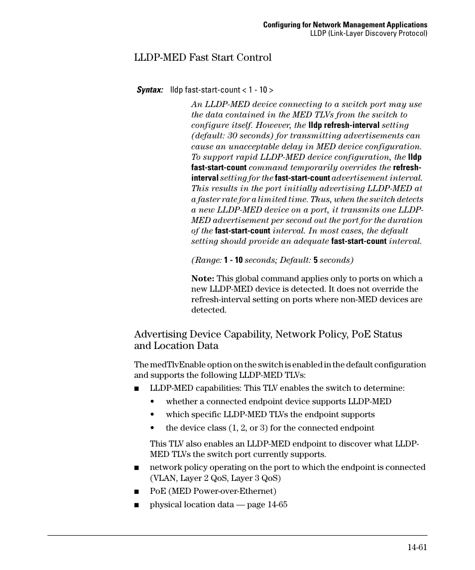 Lldp-med fast start control, Lldp-med fast start control -61, And location data -61 | HP 2910AL User Manual | Page 389 / 618