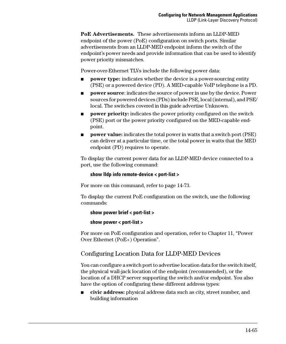 Configuring location data for lldp-med devices, Configuring location data for lldp-med devices -65 | HP 2910AL User Manual | Page 393 / 618