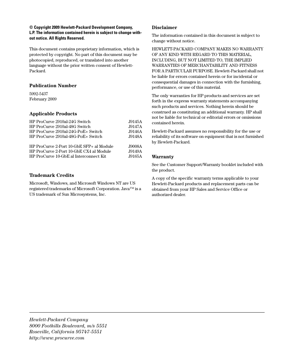 Copyright, notices, & publication data | HP 2910AL User Manual | Page 4 / 618