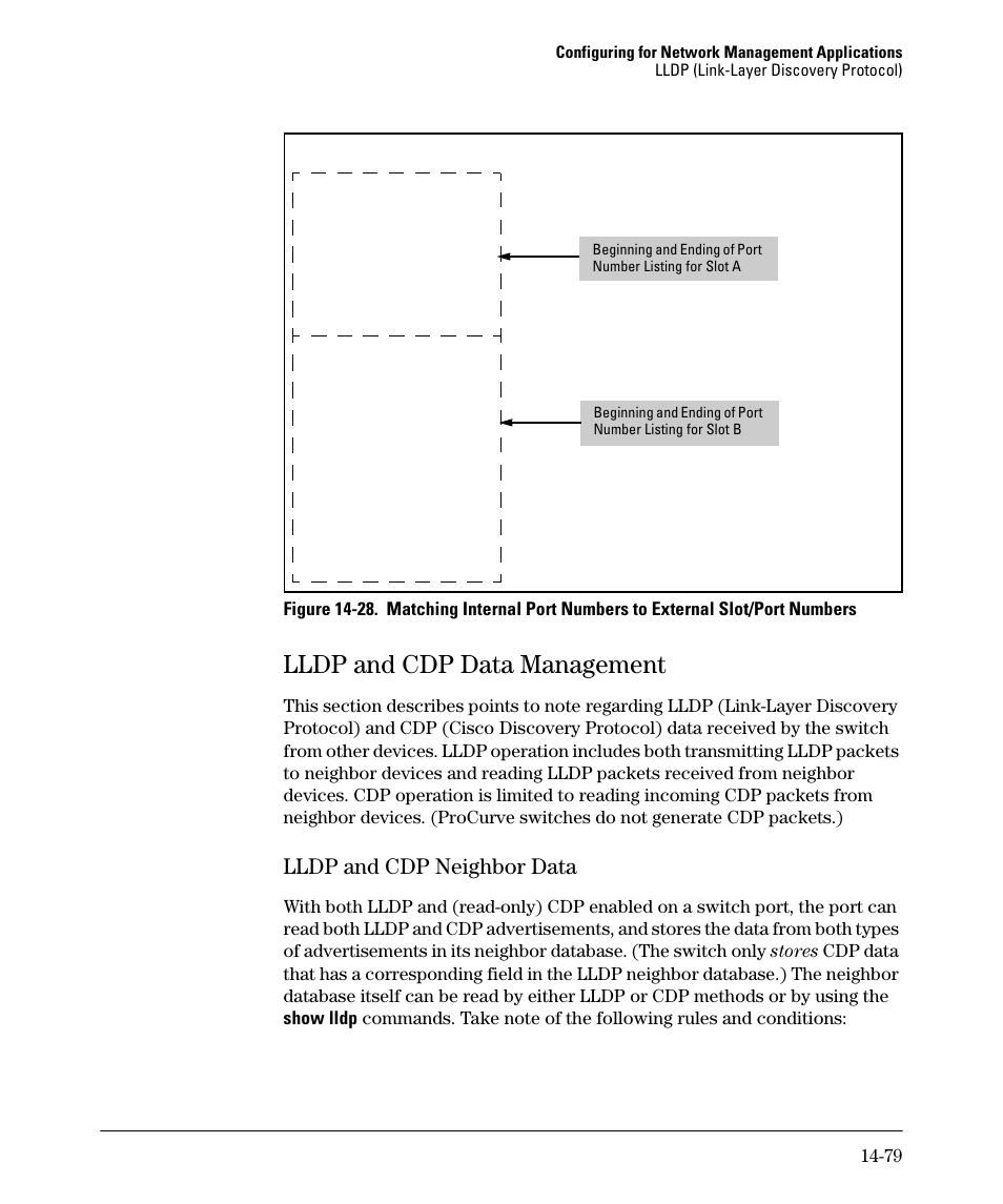 Lldp and cdp data management, Lldp and cdp neighbor data, Lldp and cdp data management -79 | Lldp and cdp neighbor data -79 | HP 2910AL User Manual | Page 407 / 618