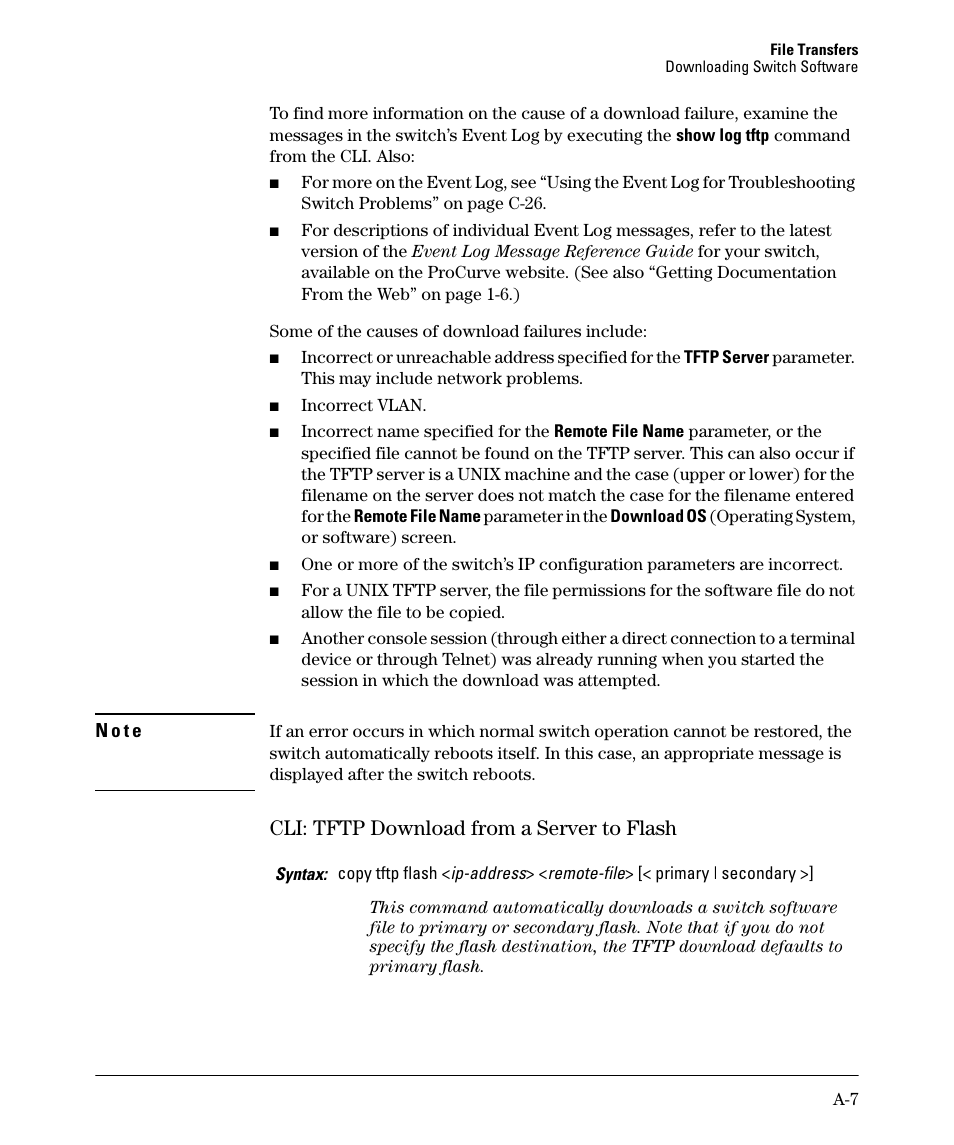 Cli: tftp download from a server to flash | HP 2910AL User Manual | Page 419 / 618