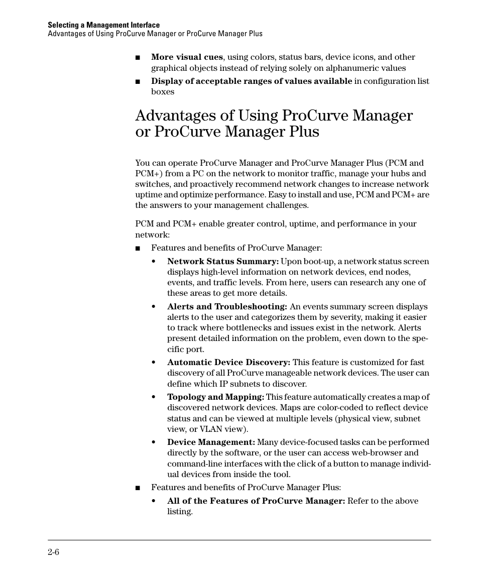 Advantages of using procurve manager, Or procurve manager plus | HP 2910AL User Manual | Page 42 / 618