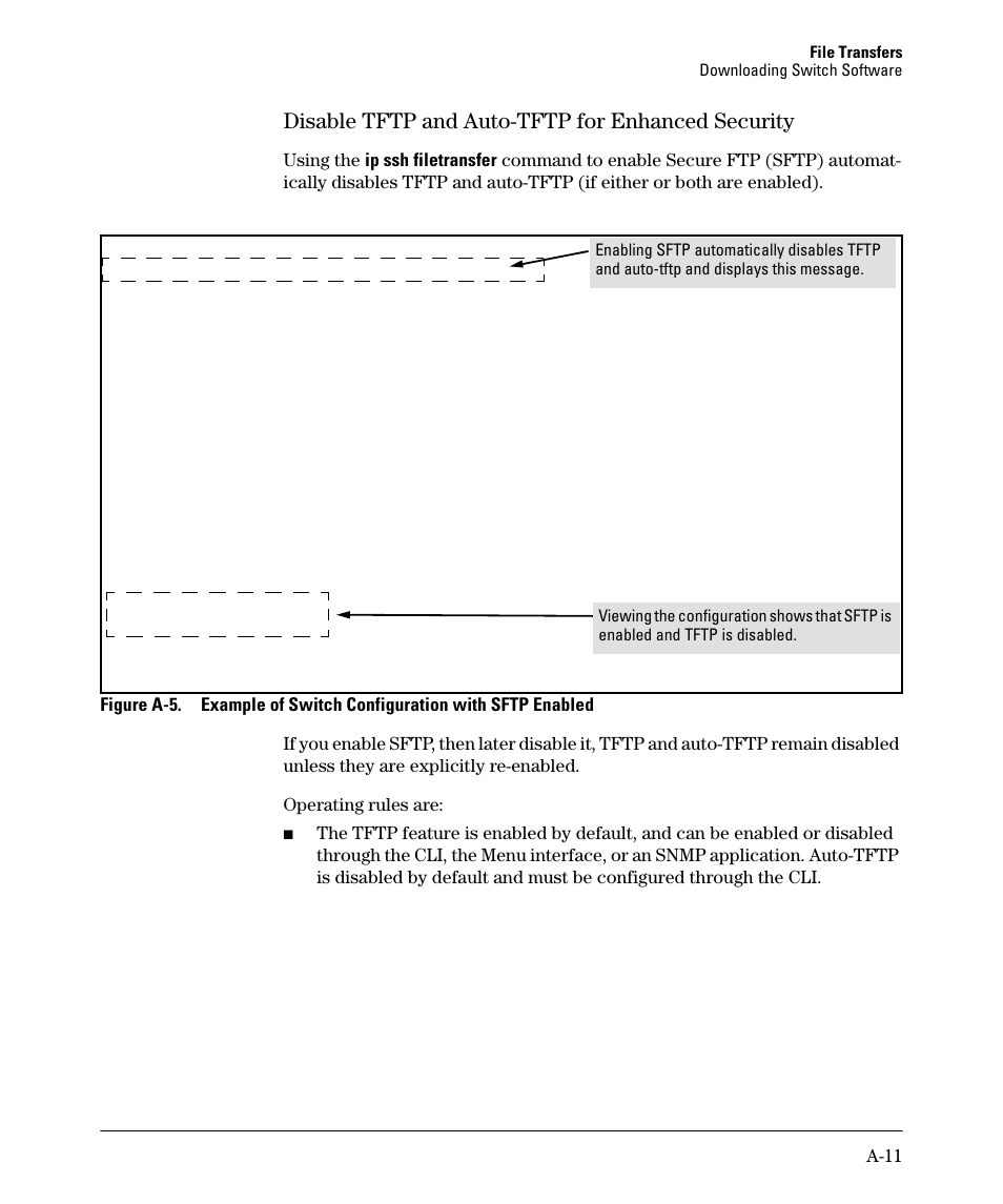 Disable tftp and auto-tftp for enhanced security | HP 2910AL User Manual | Page 423 / 618