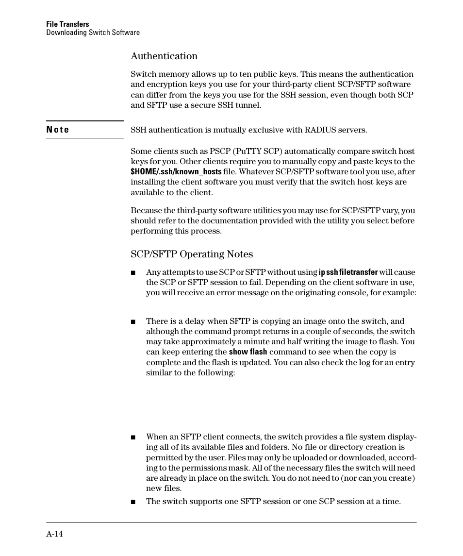 Authentication, Scp/sftp operating notes | HP 2910AL User Manual | Page 426 / 618