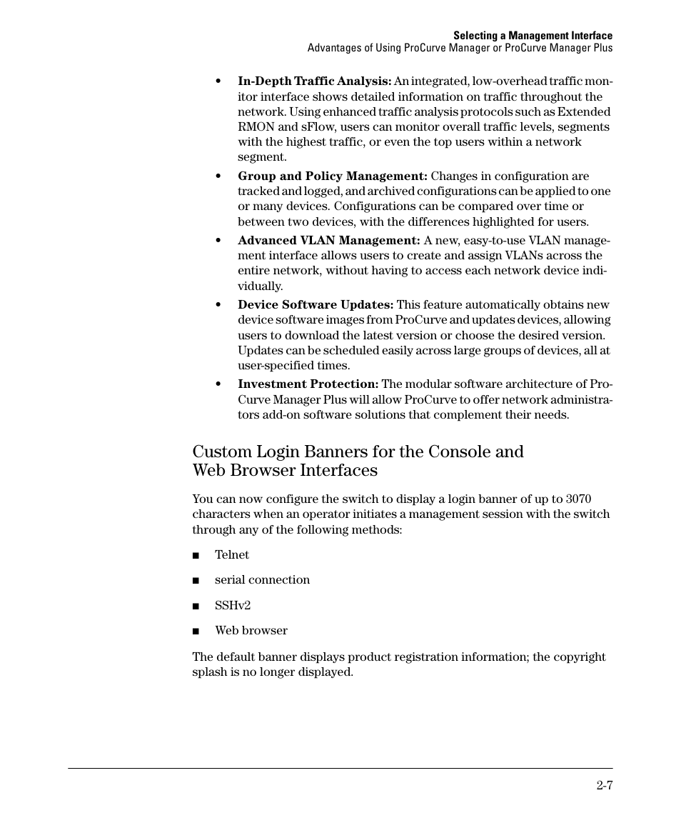 Custom login banners for the console and, Web browser interfaces -7 | HP 2910AL User Manual | Page 43 / 618