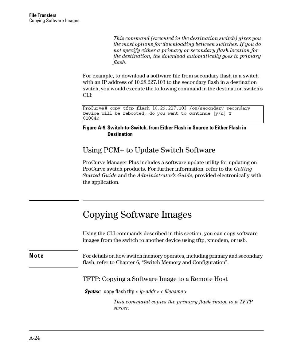 Using pcm+ to update switch software, Copying software images, Tftp: copying a software image to a remote host | HP 2910AL User Manual | Page 436 / 618