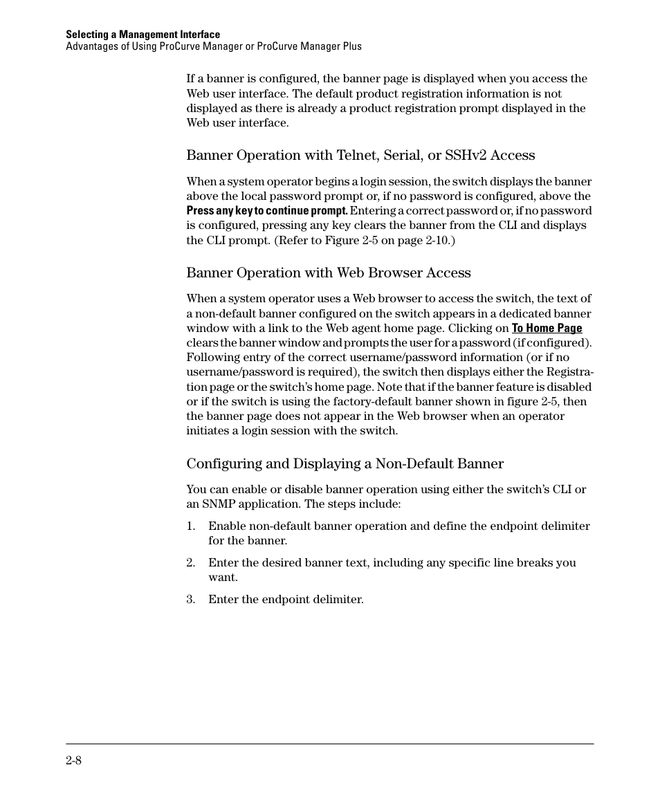 Banner operation with web browser access, Configuring and displaying a non-default banner, Banner operation with web browser access -8 | Configuring and displaying a non-default banner -8 | HP 2910AL User Manual | Page 44 / 618