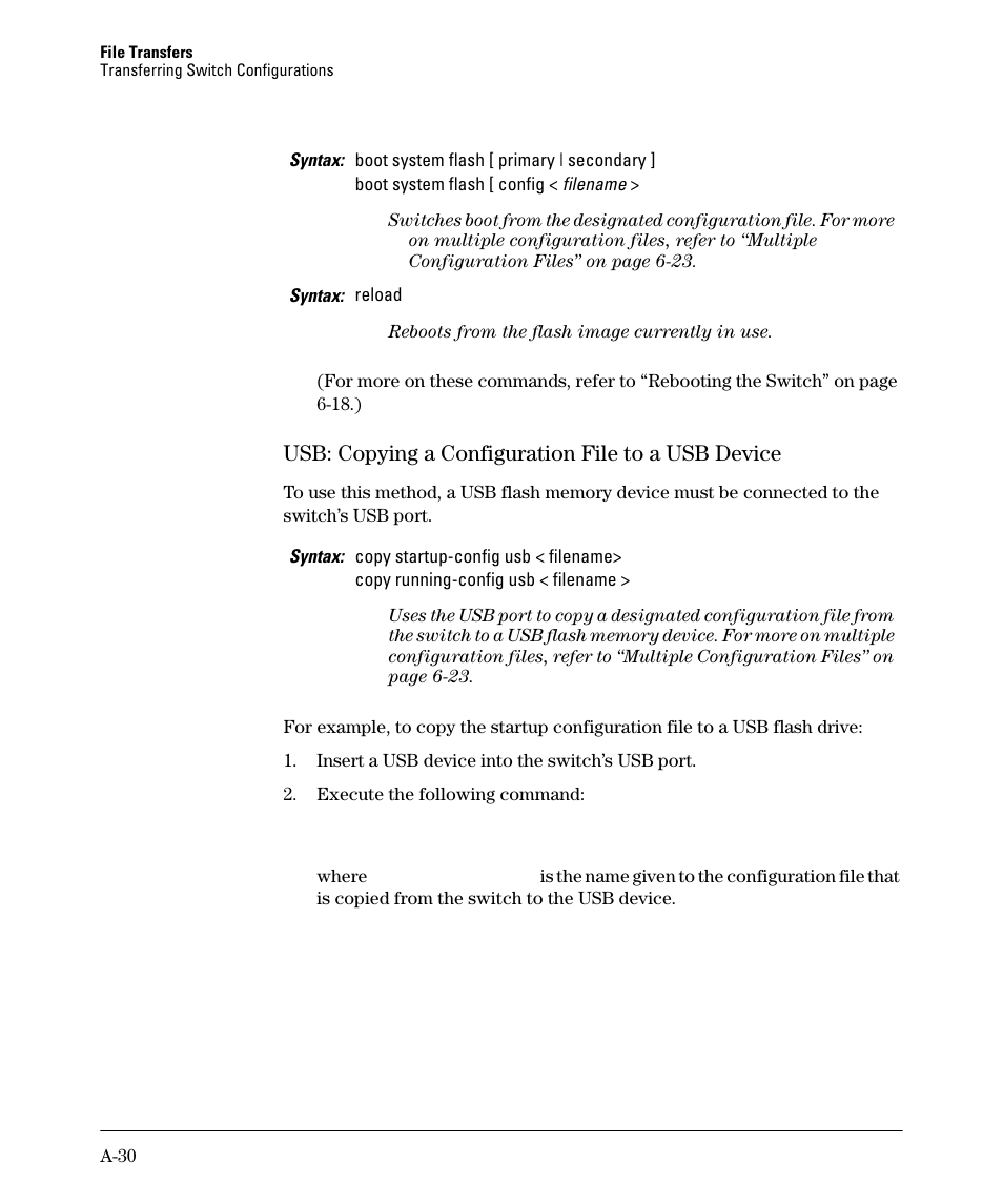 Usb: copying a configuration file to a usb device, A-30 | HP 2910AL User Manual | Page 442 / 618