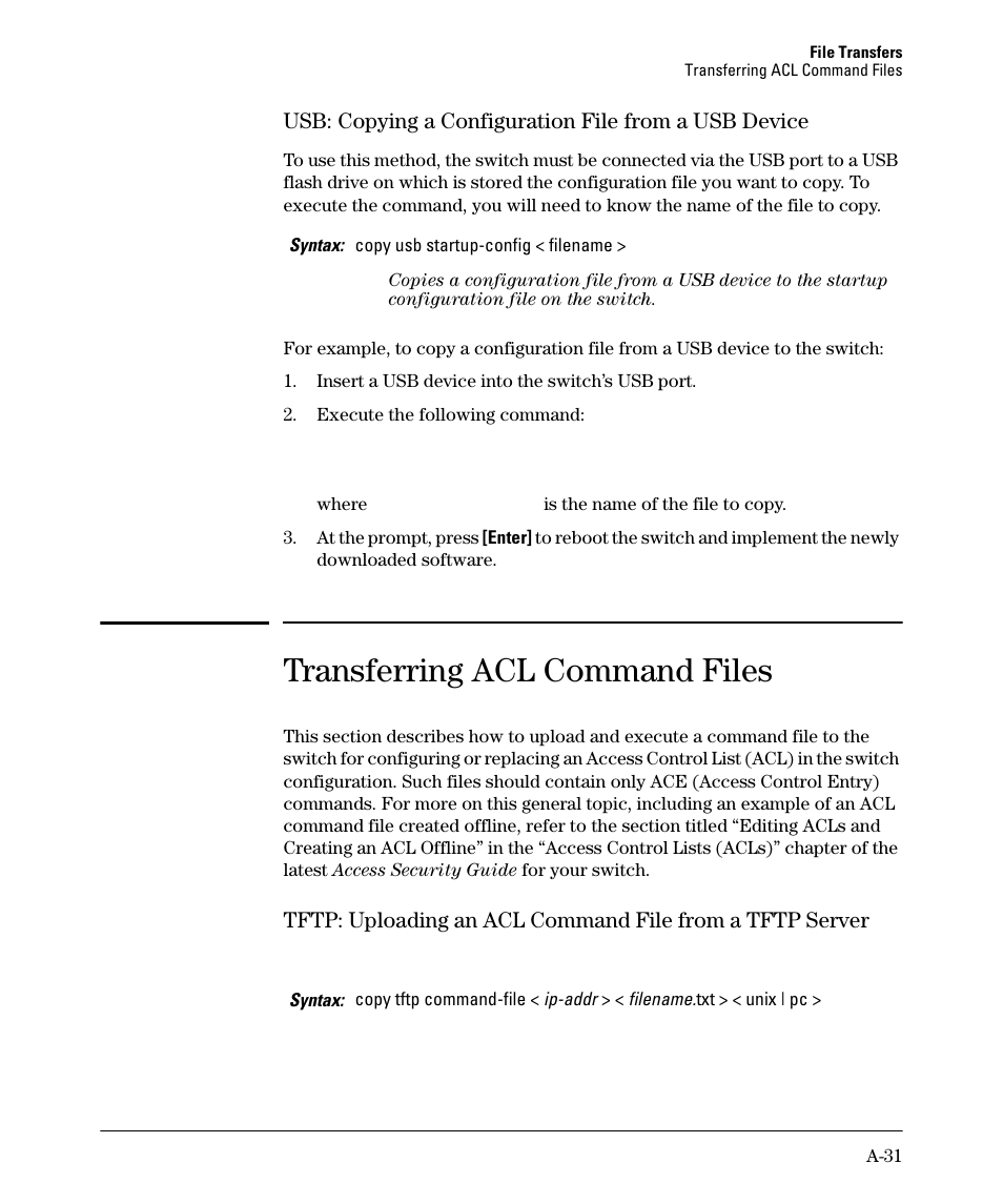 Transferring acl command files, A-31 | HP 2910AL User Manual | Page 443 / 618