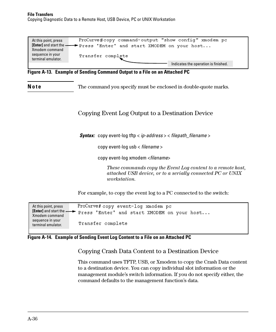 Copying event log output to a destination device, Copying crash data content to a destination device | HP 2910AL User Manual | Page 448 / 618