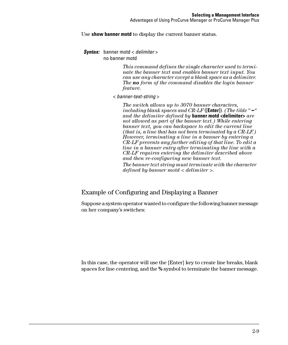 Example of configuring and displaying a banner, Example of configuring and displaying a banner -9 | HP 2910AL User Manual | Page 45 / 618