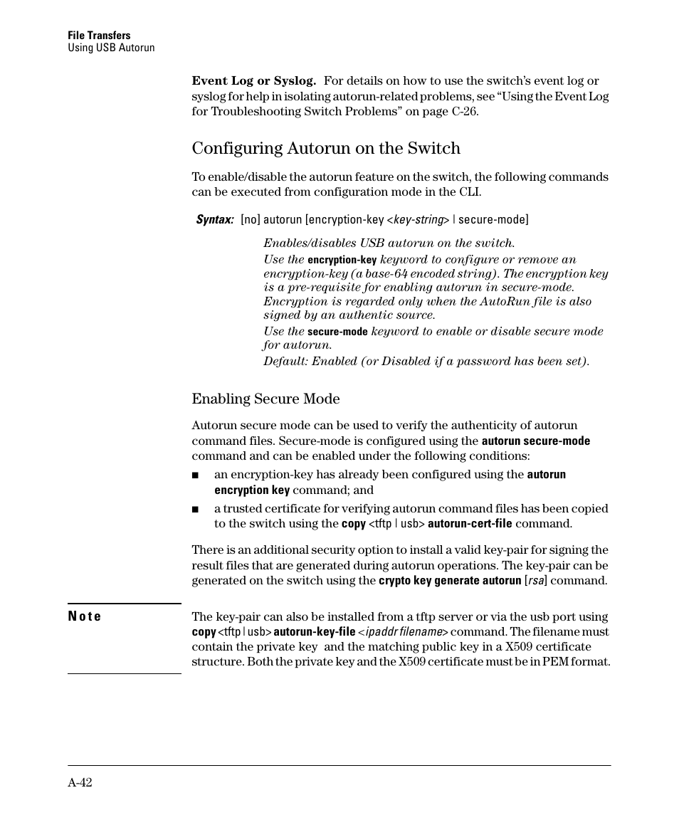 Configuring autorun on the switch, Enabling secure mode, Ge a-42 | HP 2910AL User Manual | Page 454 / 618