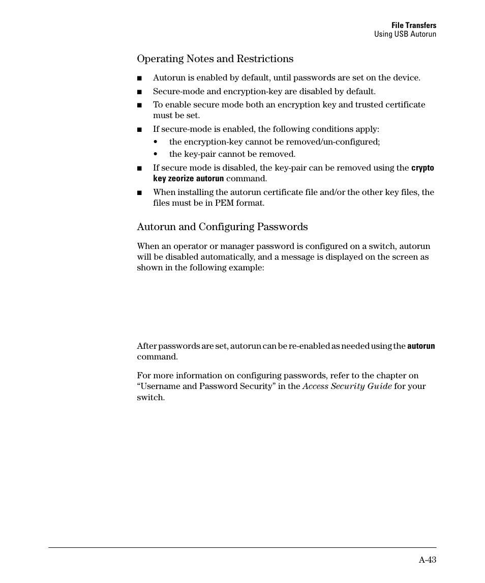 Operating notes and restrictions, Autorun and configuring passwords | HP 2910AL User Manual | Page 455 / 618