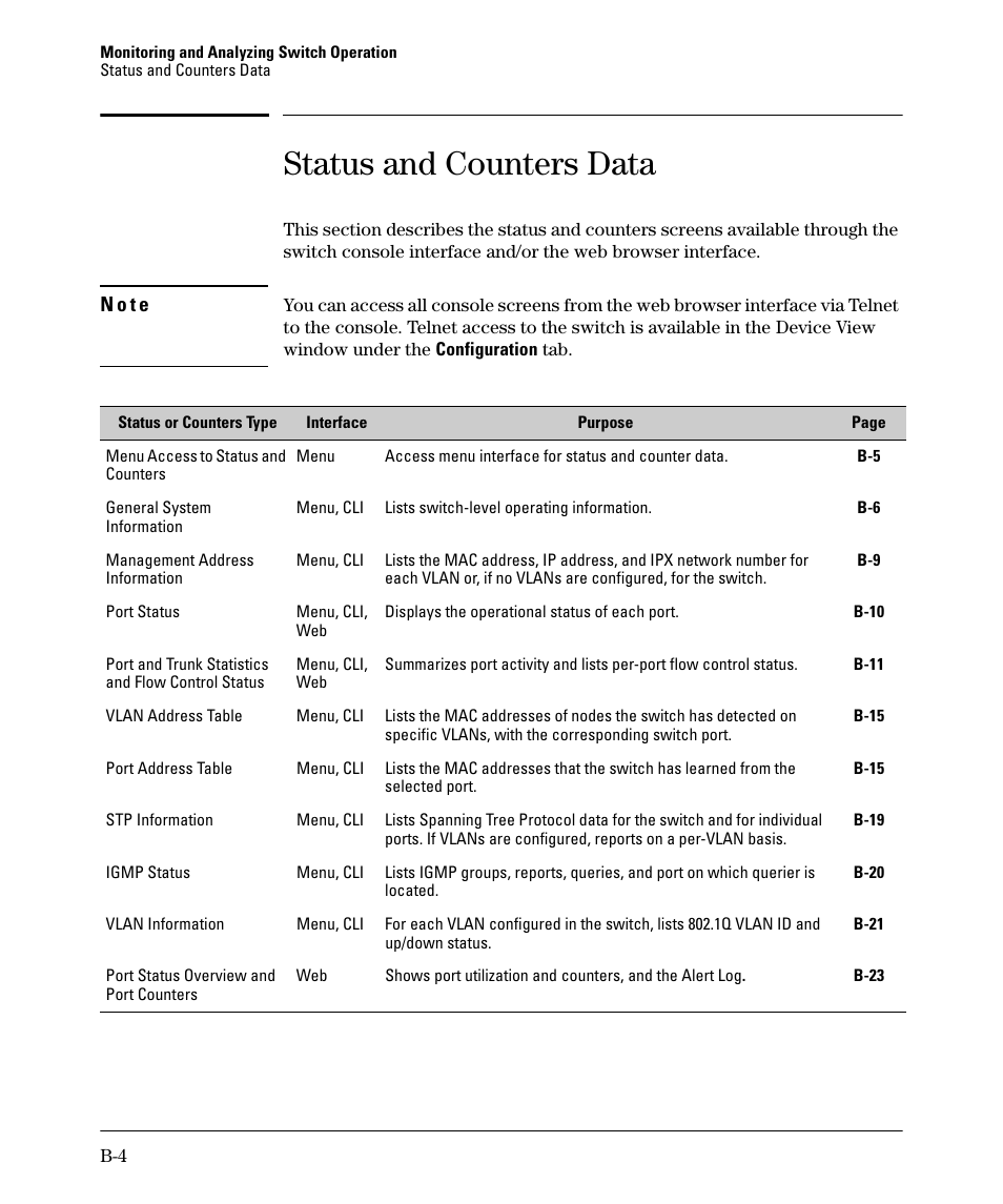 Status and counters data, N o t e | HP 2910AL User Manual | Page 460 / 618