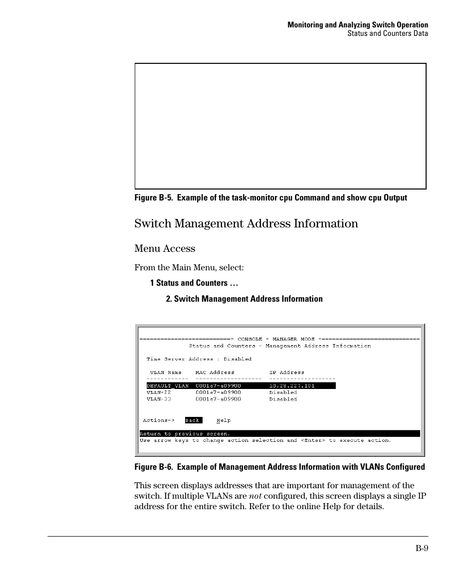 Switch management address information, Menu access | HP 2910AL User Manual | Page 465 / 618