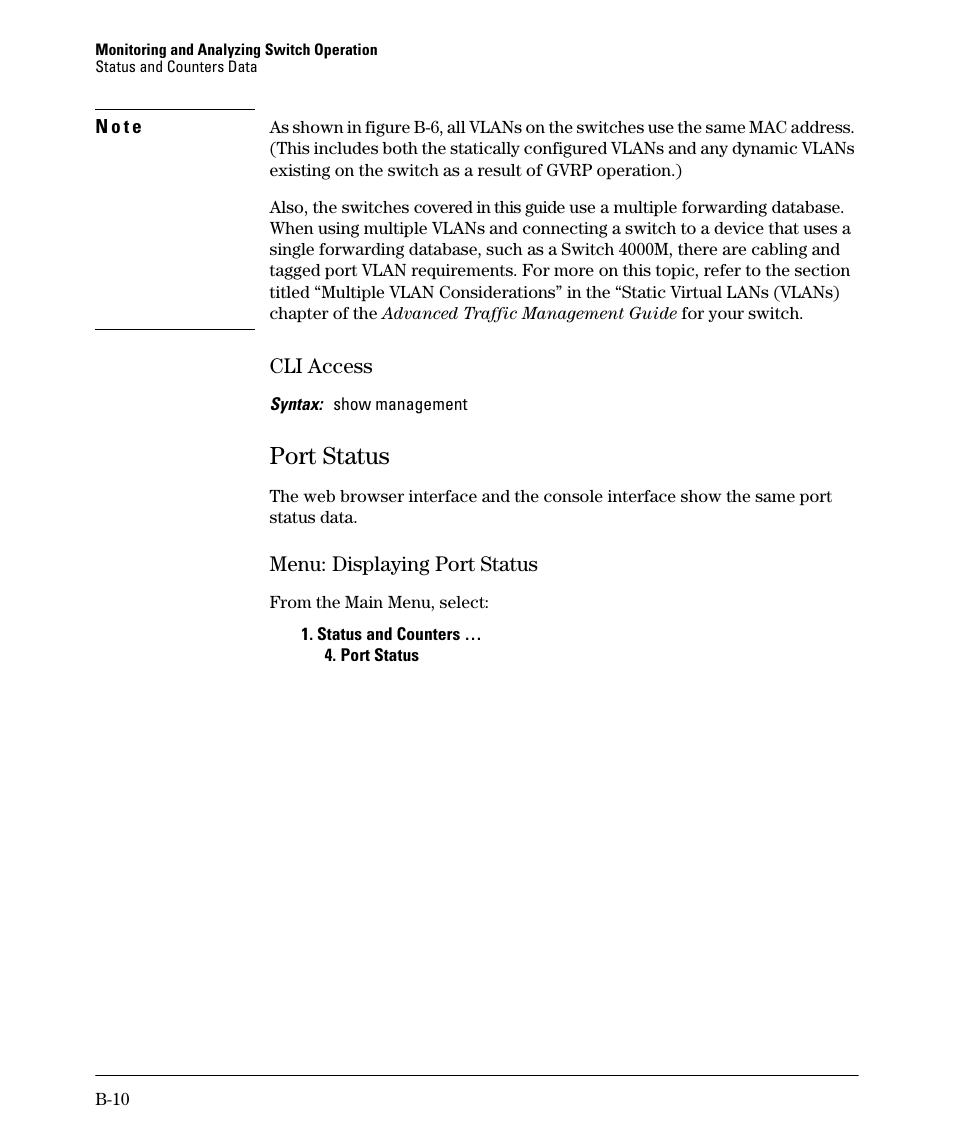 Cli access, Port status, Menu: displaying port status | B-10 | HP 2910AL User Manual | Page 466 / 618