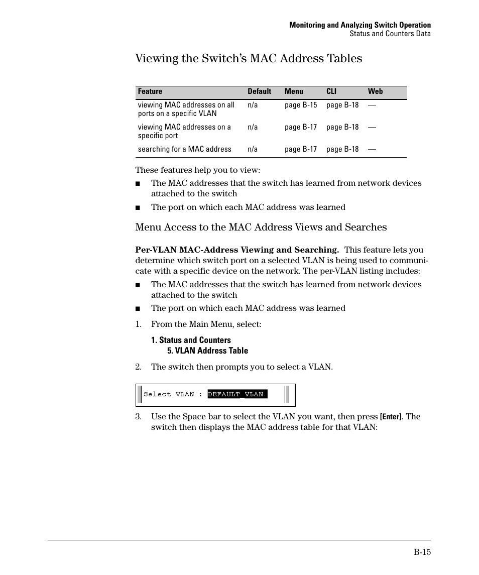 Viewing the switch’s mac address tables, Menu access to the mac address views and searches, B-15 | HP 2910AL User Manual | Page 471 / 618