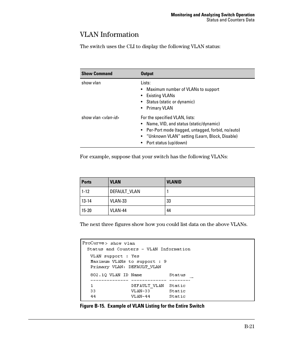 Vlan information, B-21 | HP 2910AL User Manual | Page 477 / 618