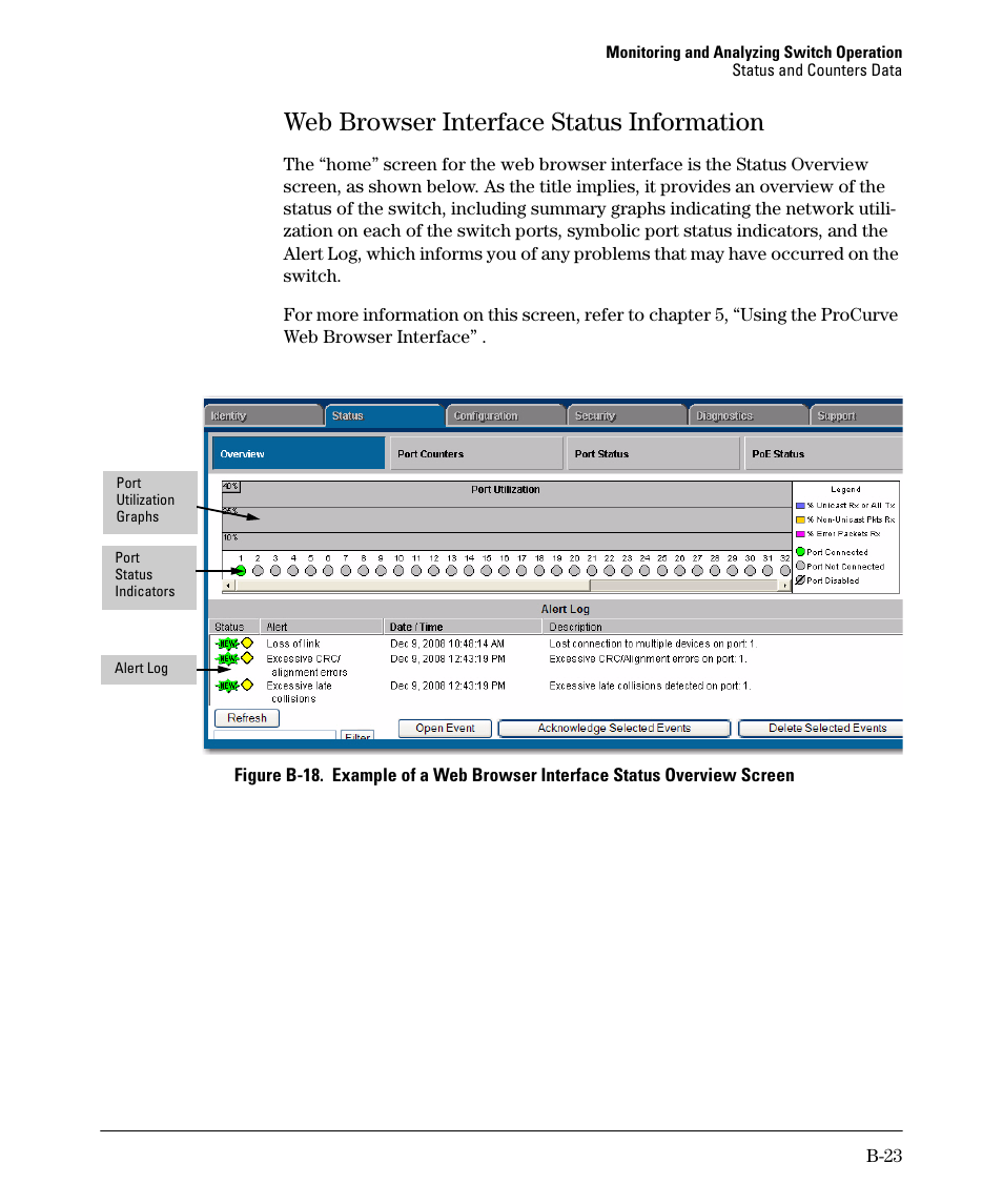 Web browser interface status information, B-23 | HP 2910AL User Manual | Page 479 / 618