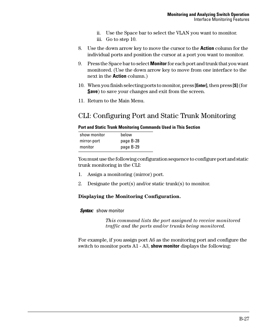 Cli: configuring port and static trunk monitoring | HP 2910AL User Manual | Page 483 / 618