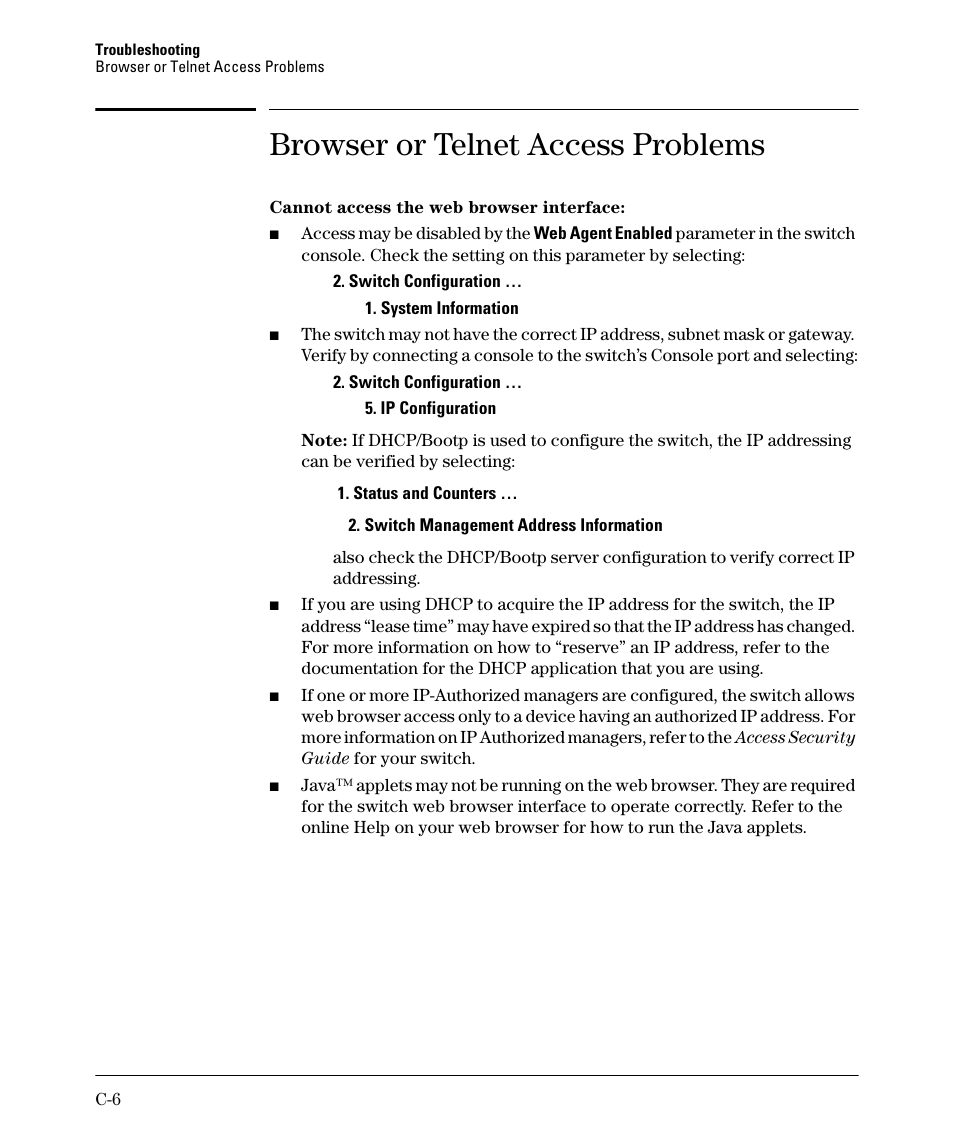 Browser or telnet access problems | HP 2910AL User Manual | Page 494 / 618