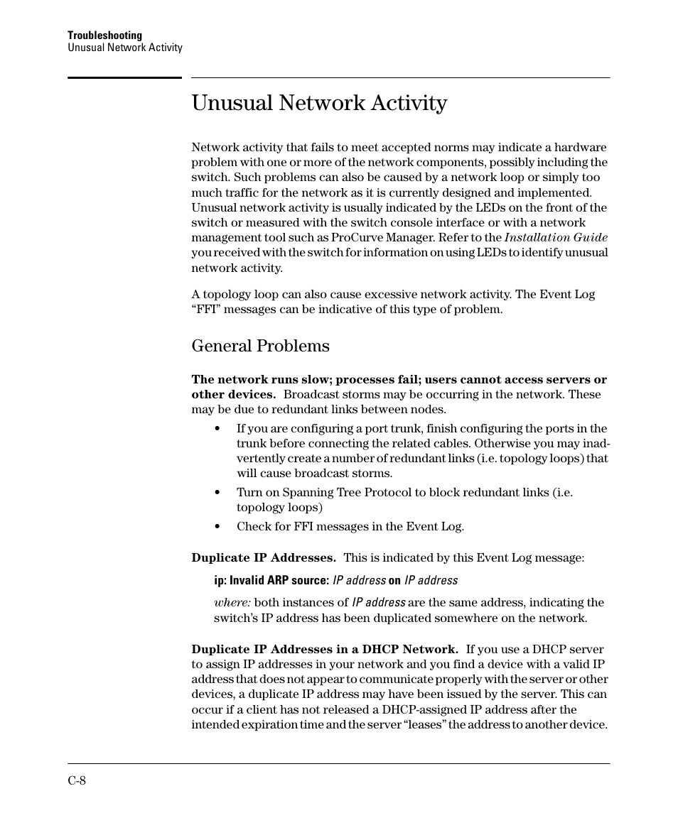 Unusual network activity, General problems | HP 2910AL User Manual | Page 496 / 618