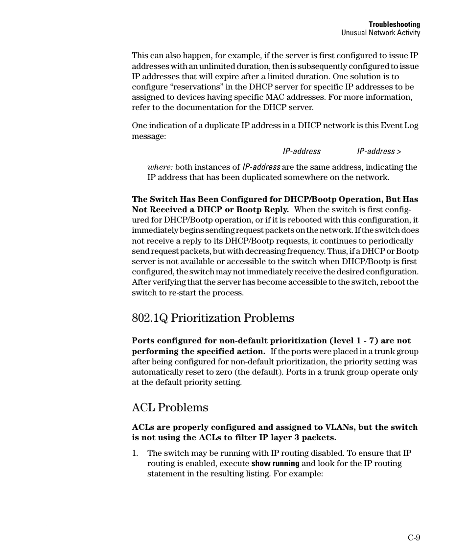 1q prioritization problems, Acl problems | HP 2910AL User Manual | Page 497 / 618