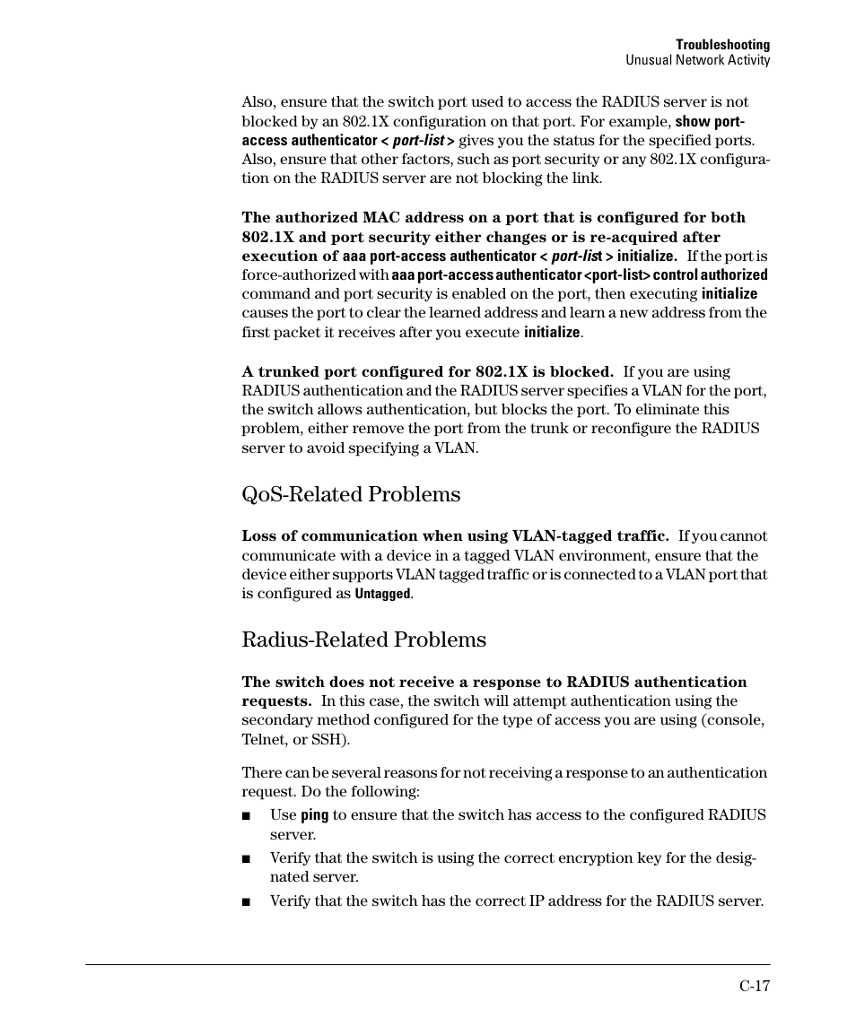 Qos-related problems, Radius-related problems | HP 2910AL User Manual | Page 505 / 618