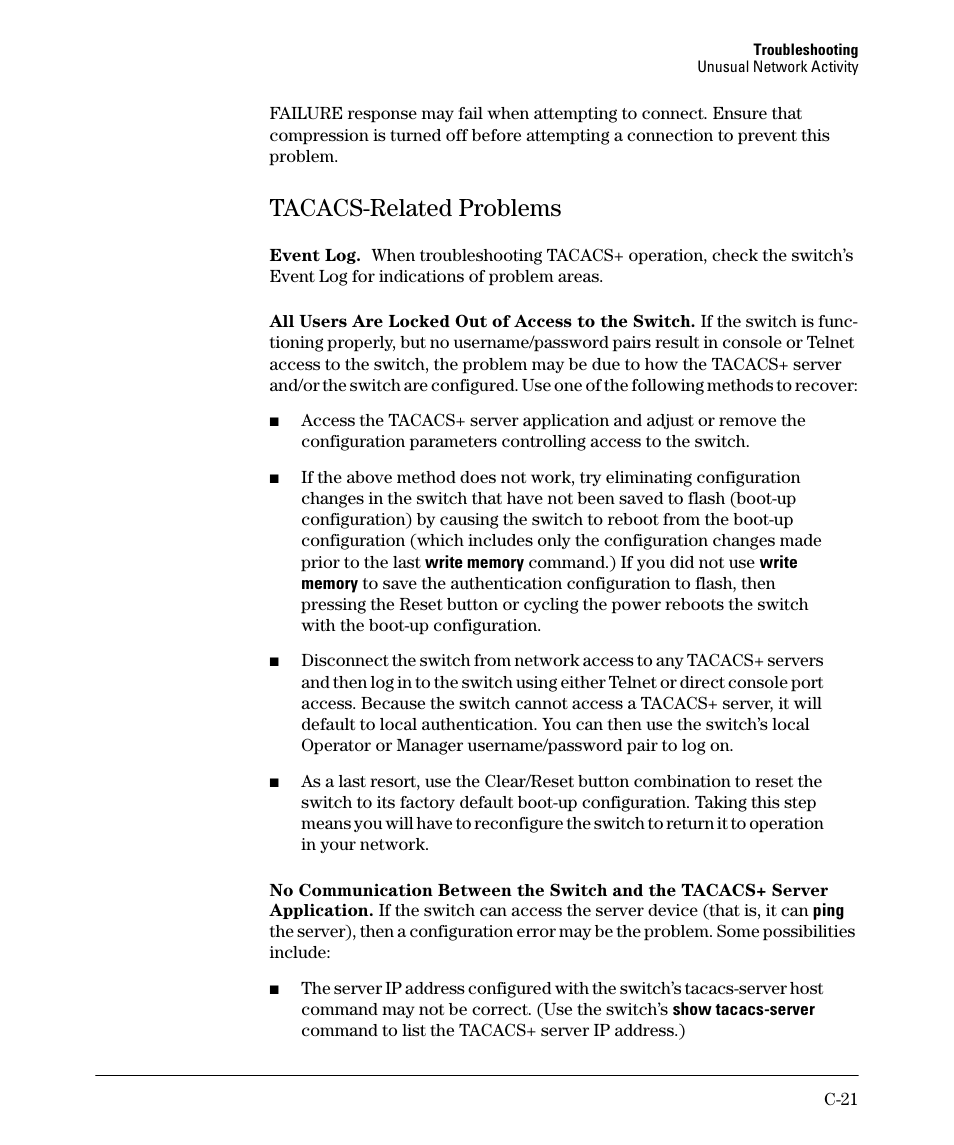 Tacacs-related problems | HP 2910AL User Manual | Page 509 / 618