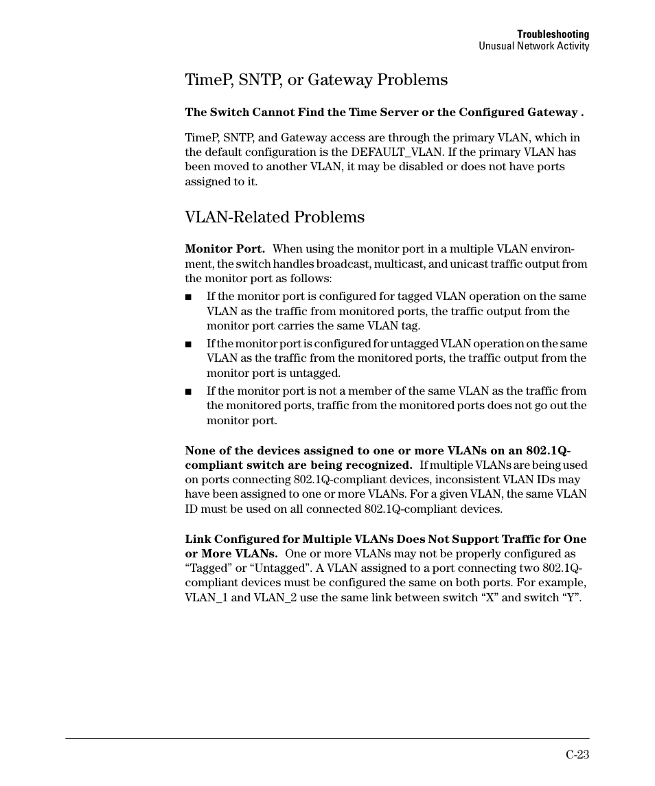 Timep, sntp, or gateway problems, Vlan-related problems | HP 2910AL User Manual | Page 511 / 618