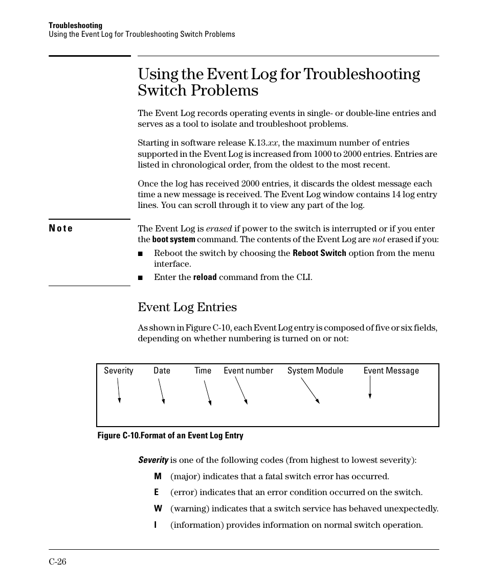 Event log entries, Using the event log for | HP 2910AL User Manual | Page 514 / 618