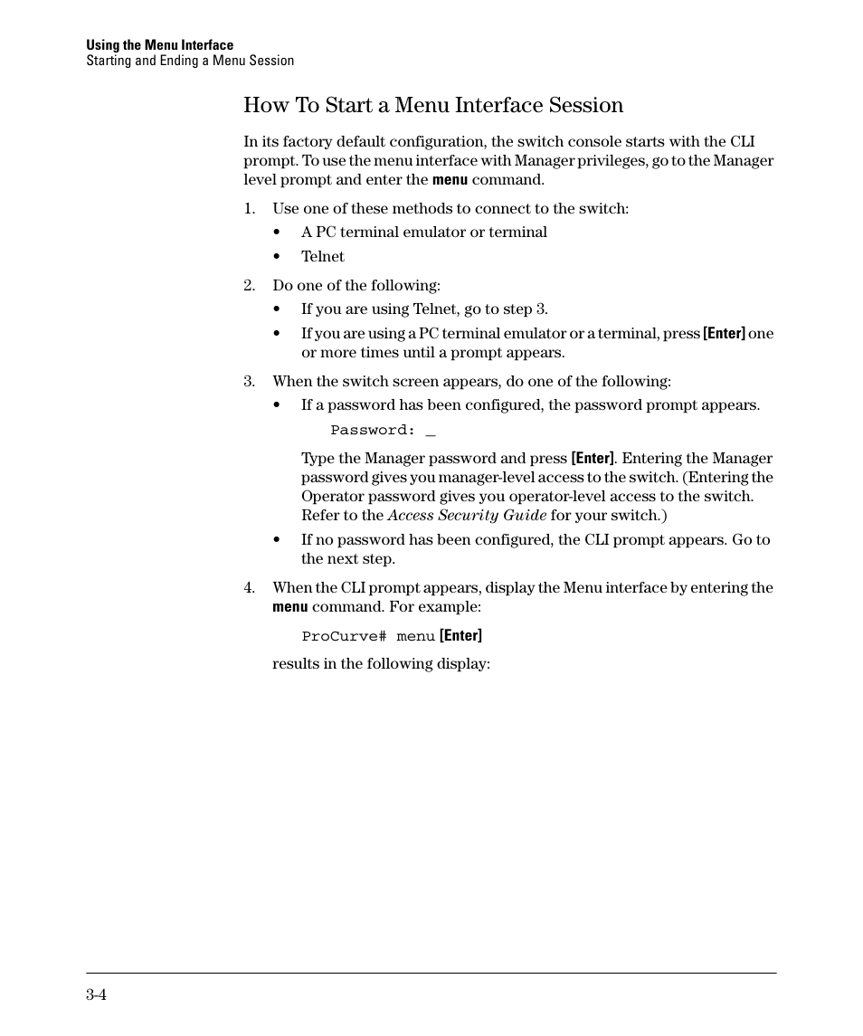 How to start a menu interface session, How to start a menu interface session -4 | HP 2910AL User Manual | Page 52 / 618