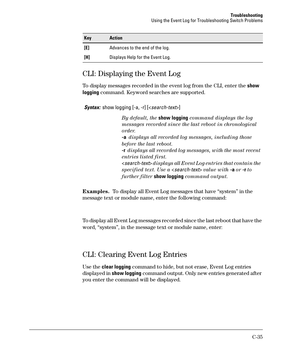 Cli: displaying the event log, Cli: clearing event log entries | HP 2910AL User Manual | Page 523 / 618