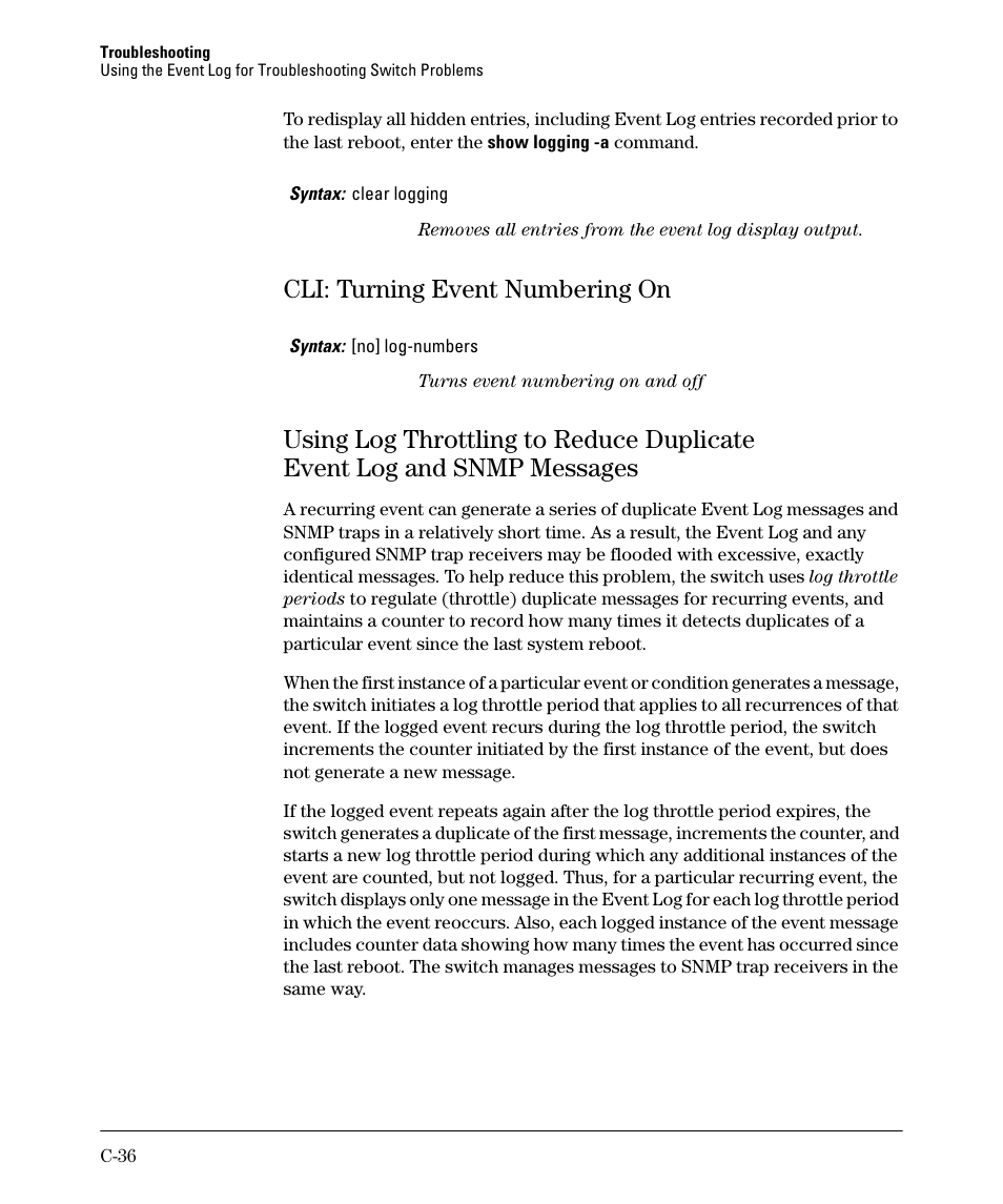 Cli: turning event numbering on, Using log throttling to reduce duplicate | HP 2910AL User Manual | Page 524 / 618