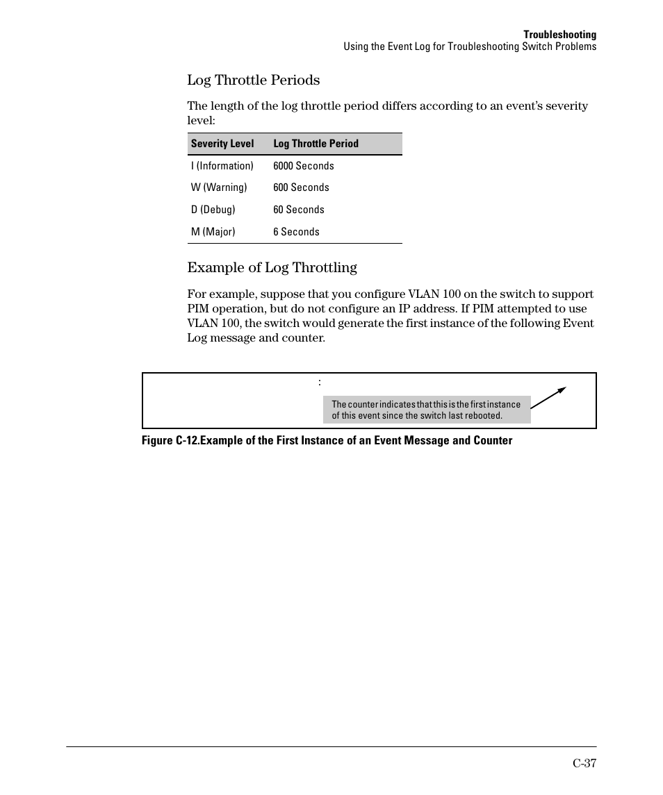 Log throttle periods, Example of log throttling | HP 2910AL User Manual | Page 525 / 618