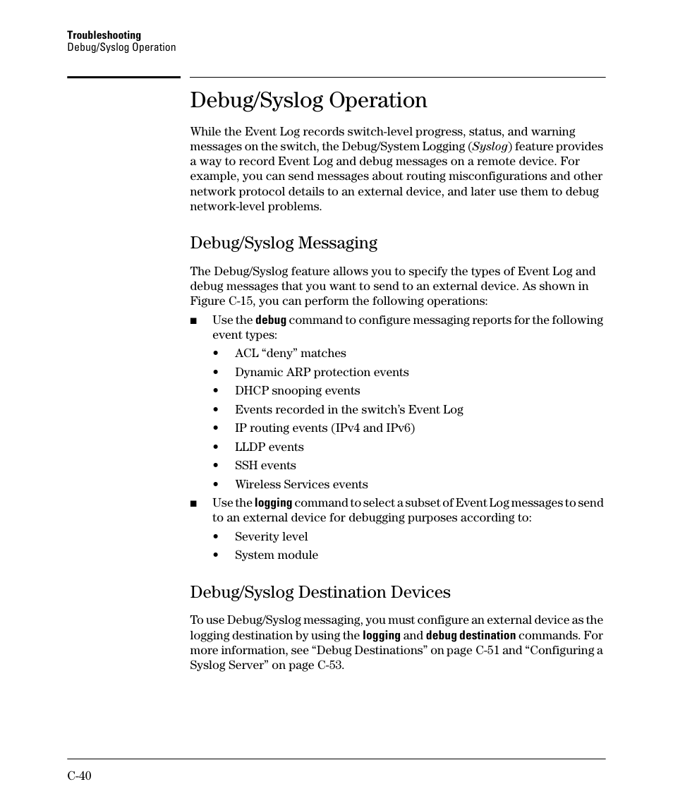 Debug/syslog operation, Debug/syslog messaging, Debug/syslog destination devices | HP 2910AL User Manual | Page 528 / 618