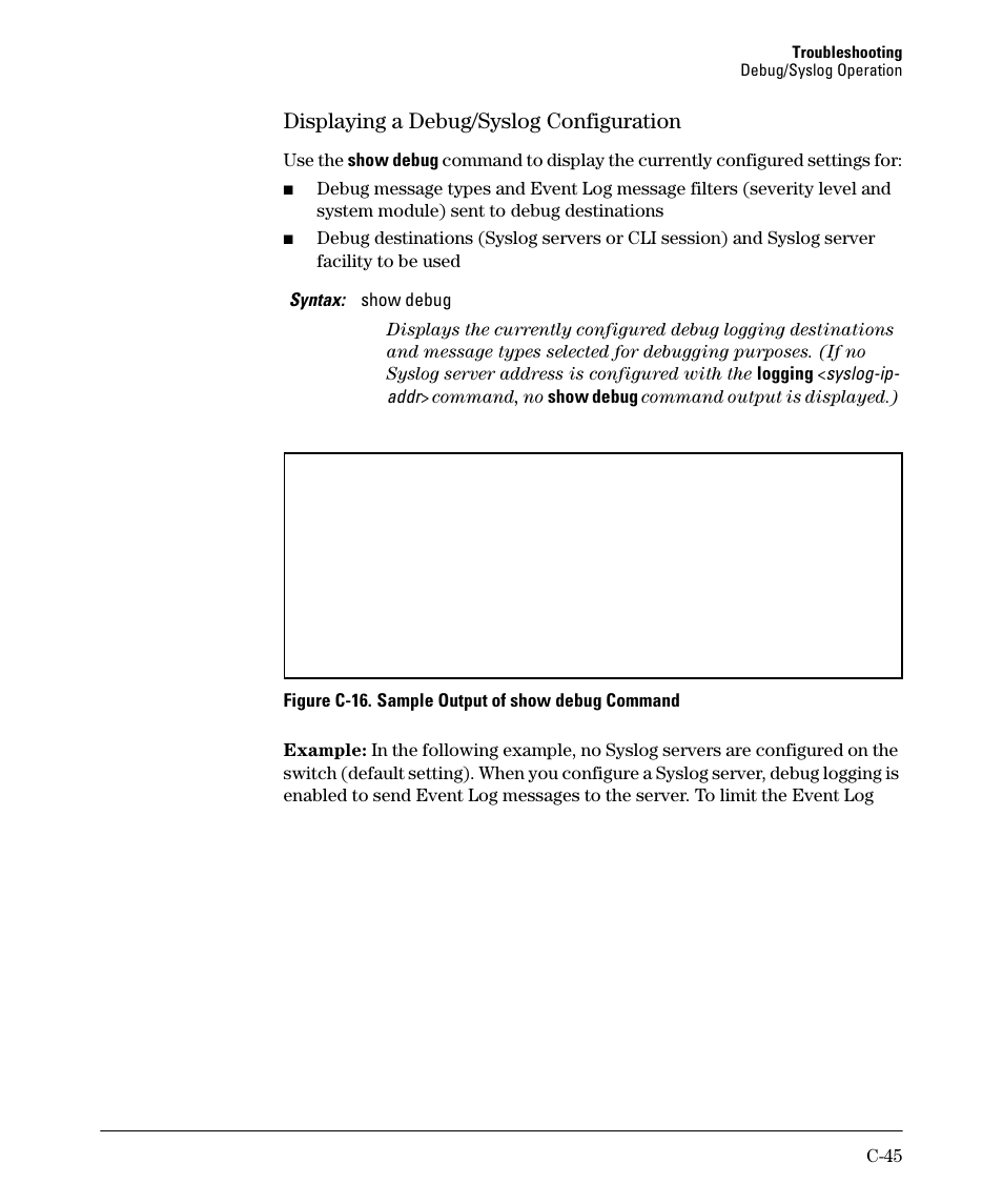 Displaying a debug/syslog configuration | HP 2910AL User Manual | Page 533 / 618