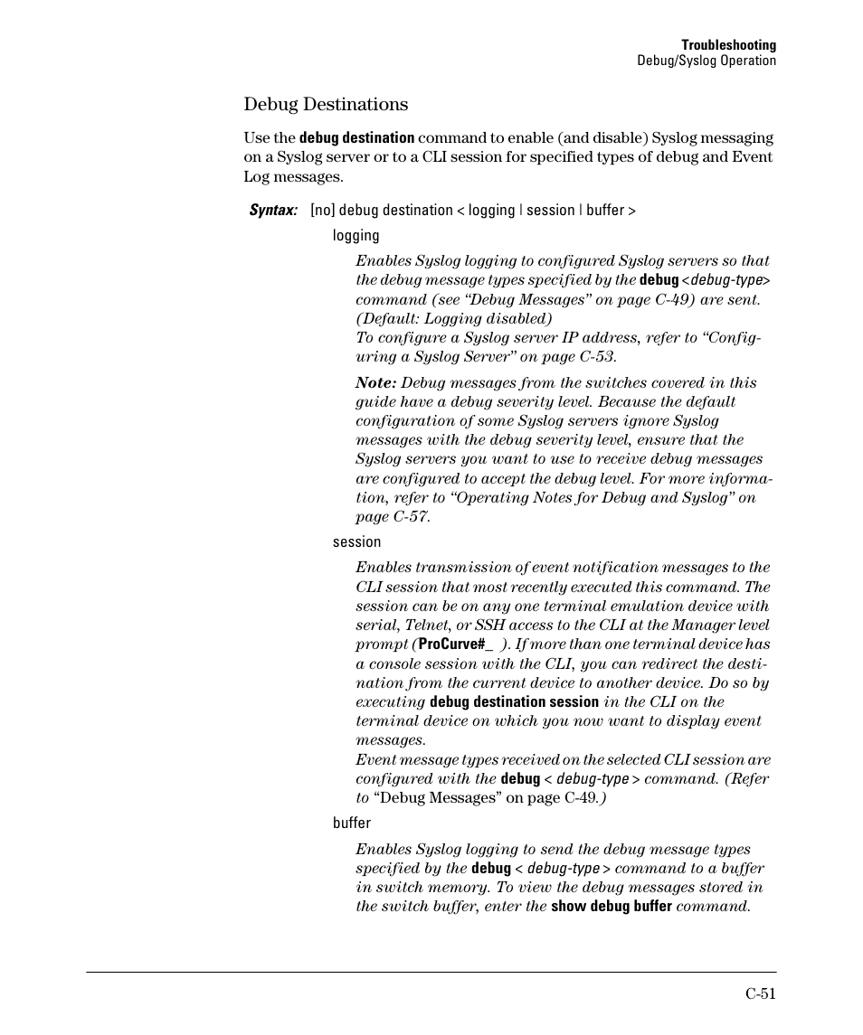 Debug destinations | HP 2910AL User Manual | Page 539 / 618