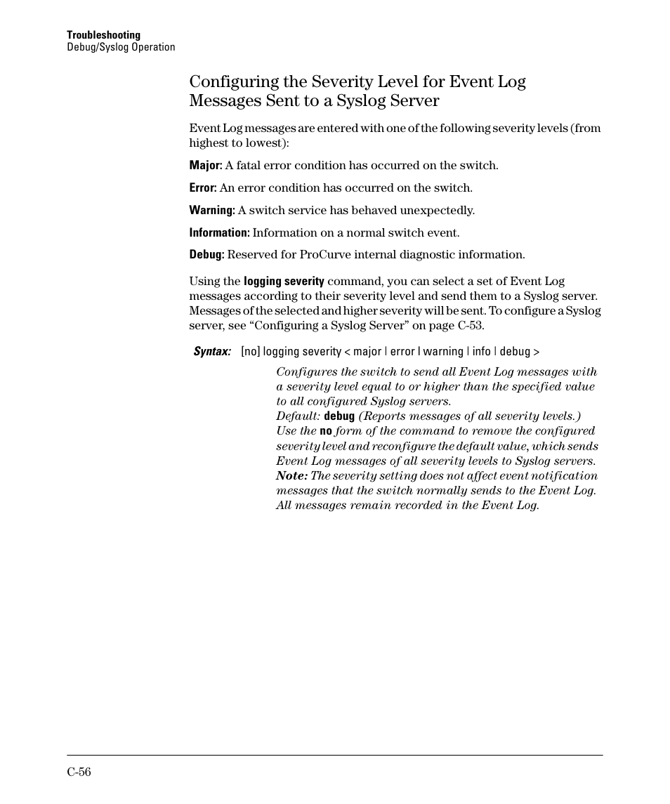 Configuring the severity level for event log | HP 2910AL User Manual | Page 544 / 618