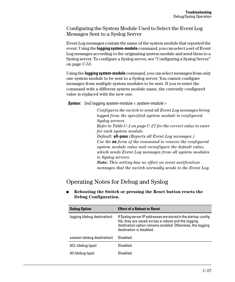 Operating notes for debug and syslog | HP 2910AL User Manual | Page 545 / 618