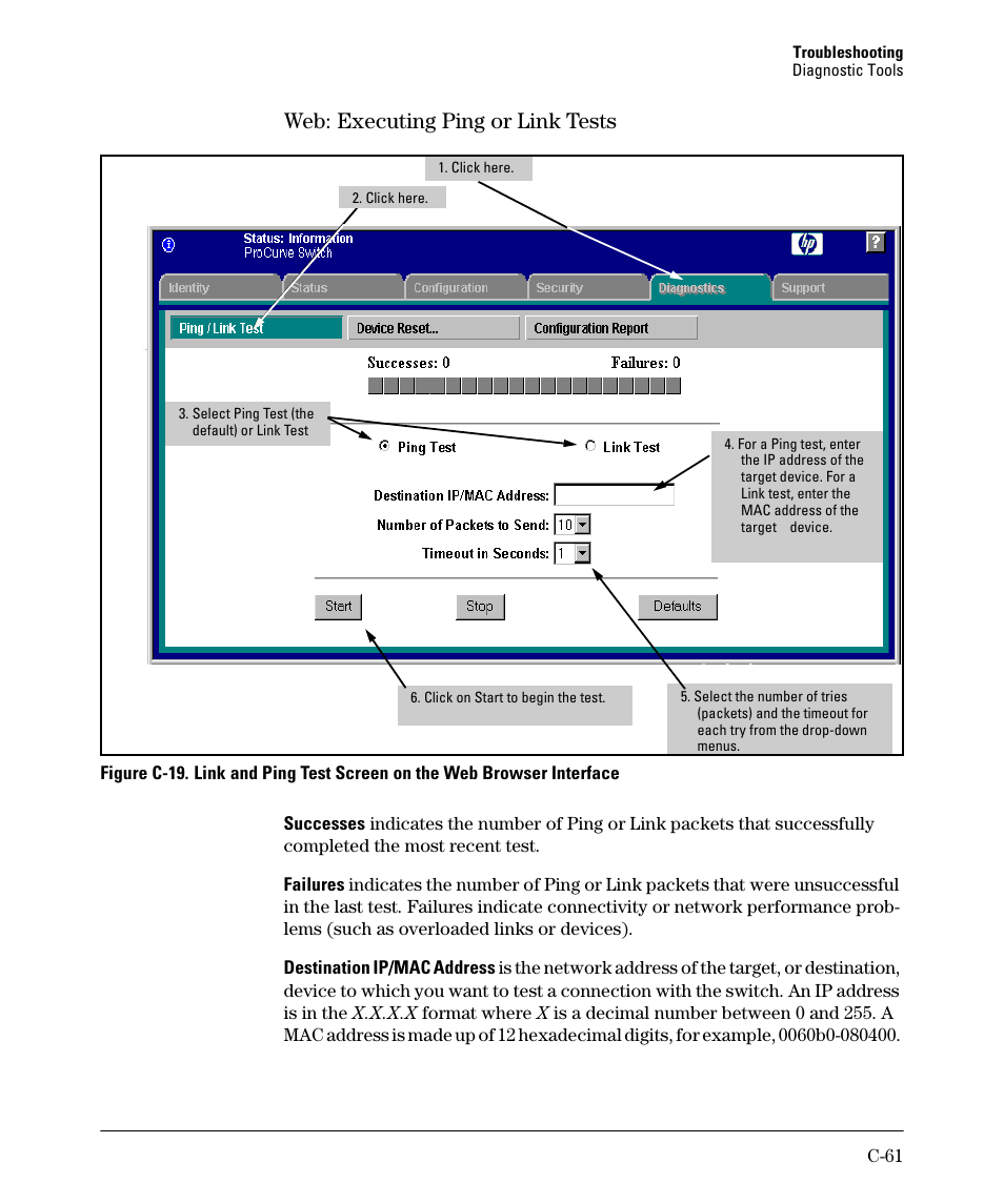 Web: executing ping or link tests | HP 2910AL User Manual | Page 549 / 618