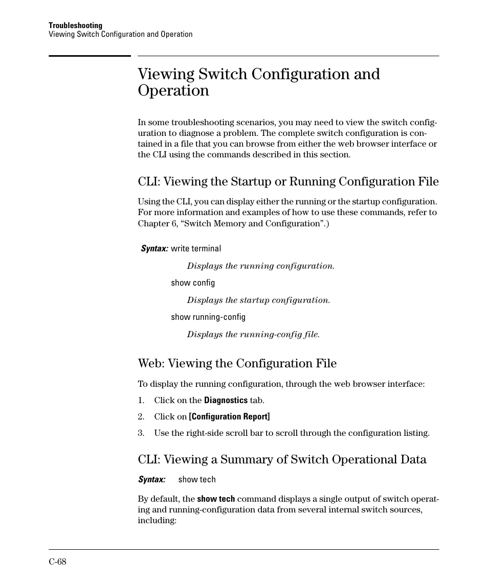 Viewing switch configuration and operation, Web: viewing the configuration file, Cli: viewing a summary of switch operational data | HP 2910AL User Manual | Page 556 / 618