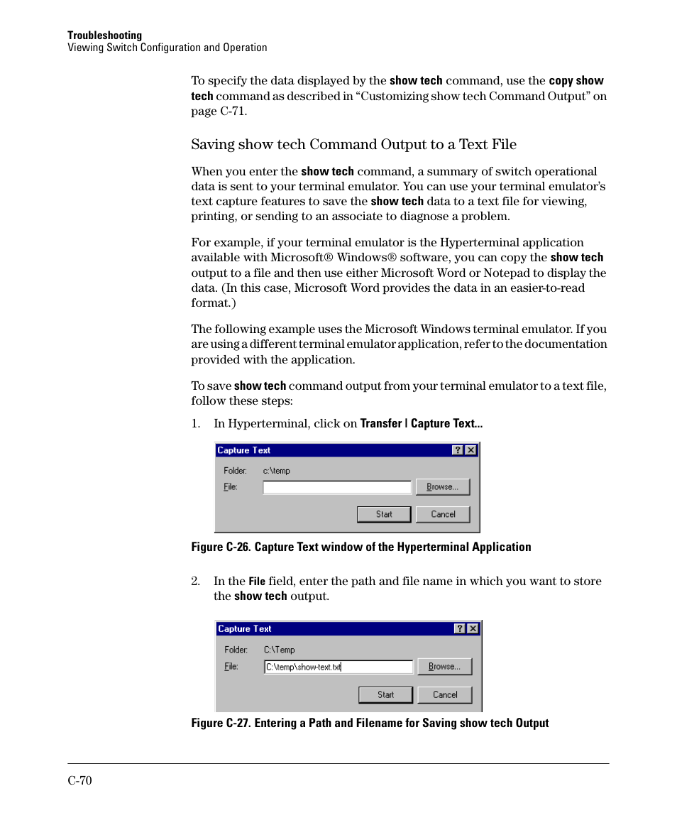 Saving show tech command output to a text file | HP 2910AL User Manual | Page 558 / 618